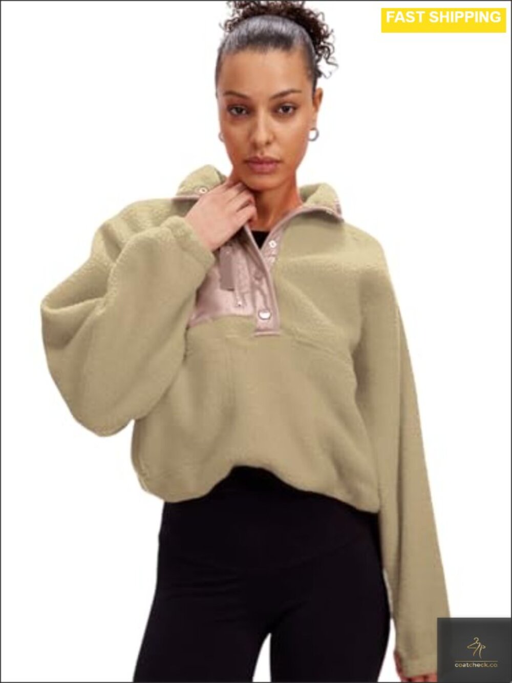 Womens Oversized Sherpa Fleece Teddy Coat Fuzzy Colorblock Snap Button Pockets